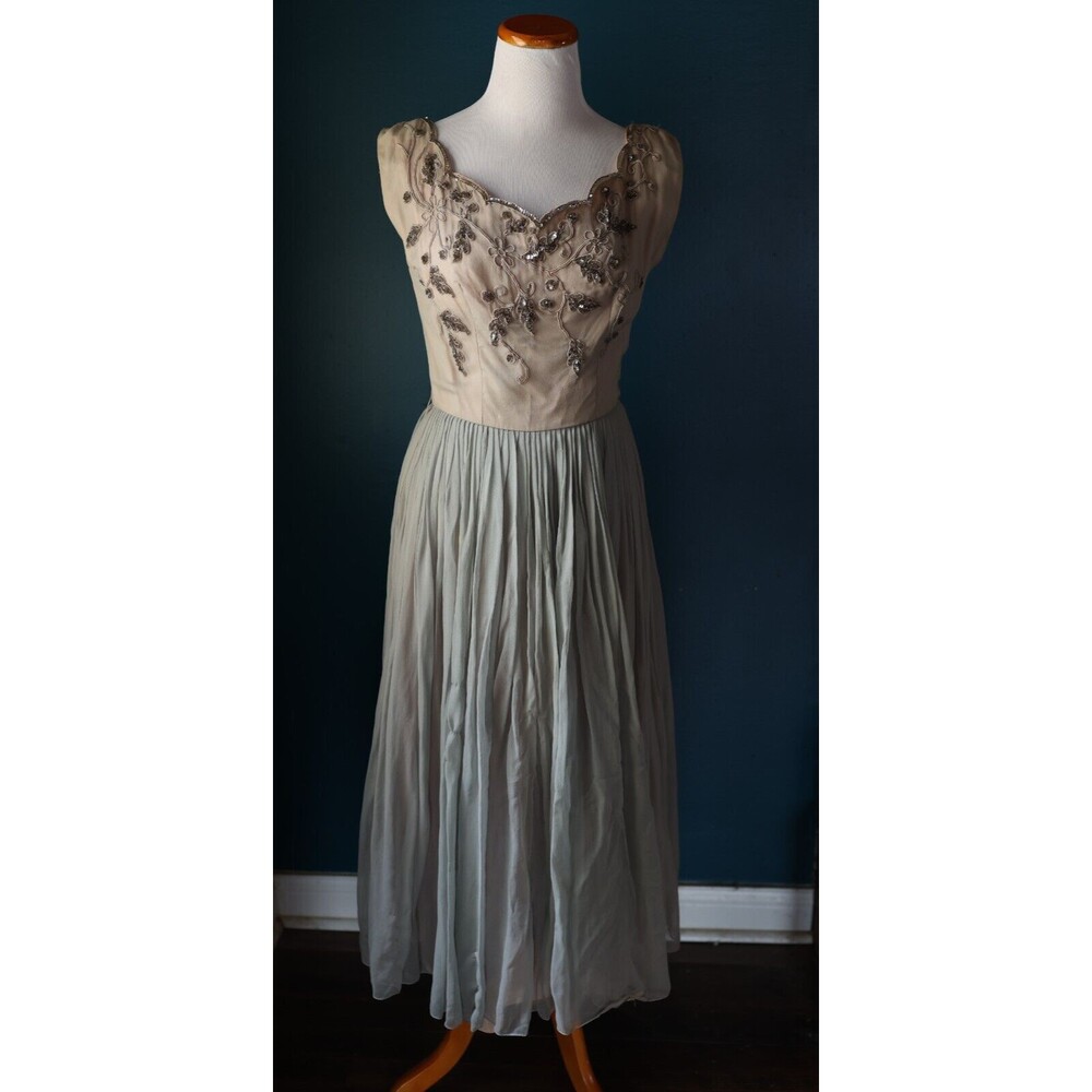Vintage Neiman Marcus Beaded Romantic Art Deco Embellished Floral Pleated Dress